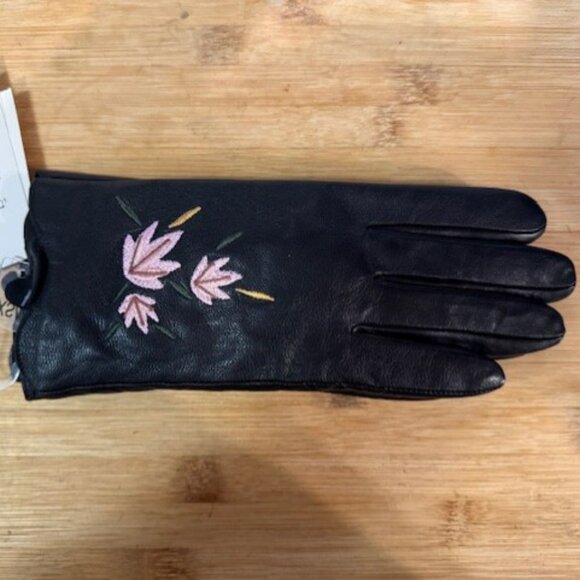Retro Black leather gloves with pink / pastel floral embroidery - NWT - Picture 7 of 16
